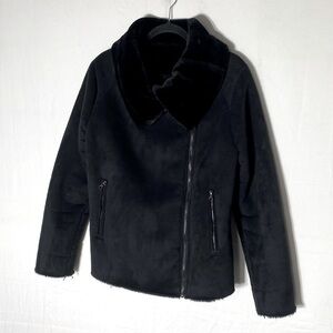 Black Faux Suede Faux Fur Lined Moto Style Jacket M Boho